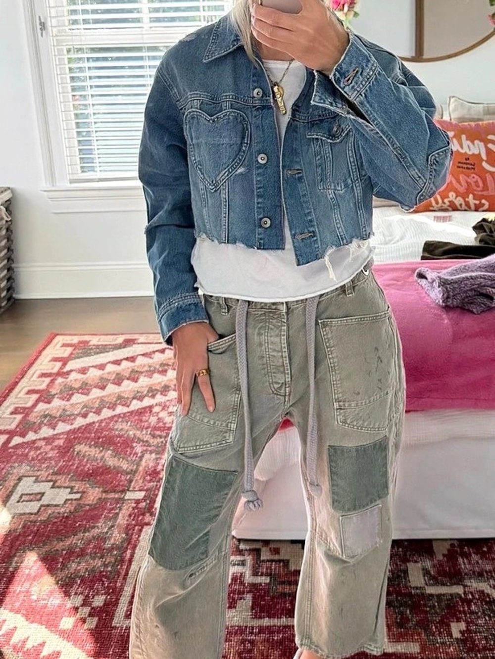 Zara Denim Jacket with Heart Details, Cropped, Blue Denim Jacket, Small